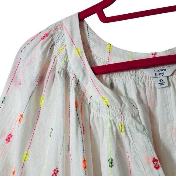 Crown & Ivy 4X lined white & multi boho  notch neck peasant blouse - Picture 4 of 11